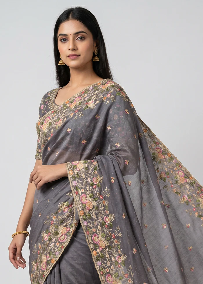 Grey Organza Saree With Blouse Piece - Image 2