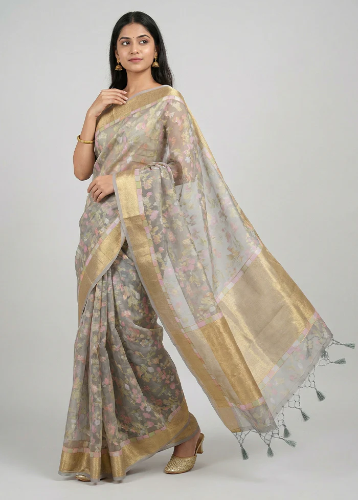 Grey Organza Saree With Blouse Piece