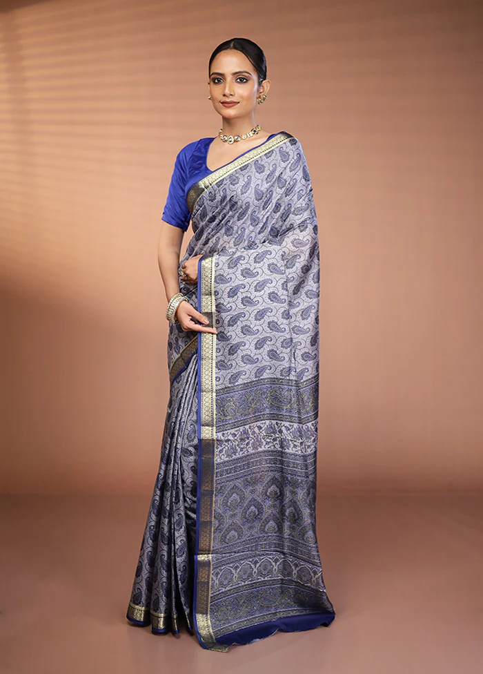 Grey Printed Pure Silk Saree Without Blouse Piece - Image 4