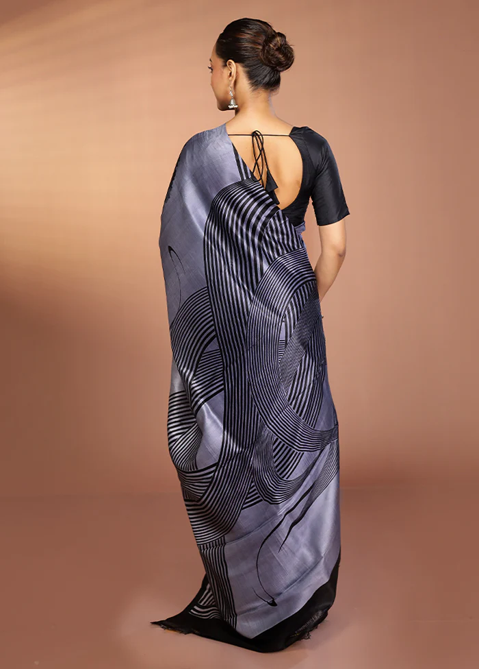 Grey Printed Pure Silk Saree Without Blouse Piece - Image 3