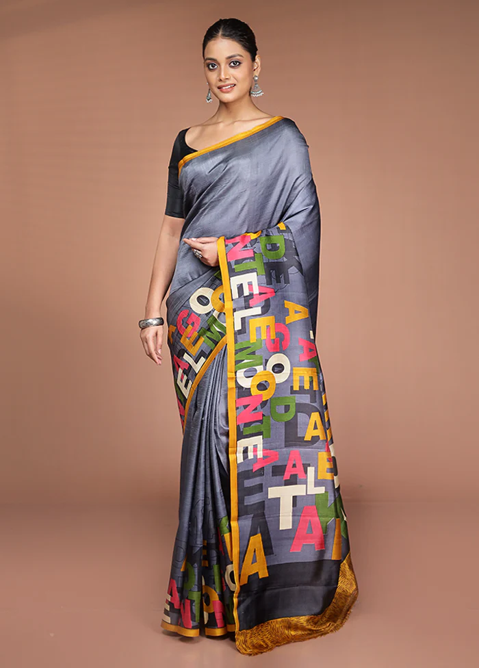 Grey Printed Pure Silk Saree Without Blouse Piece - Image 2