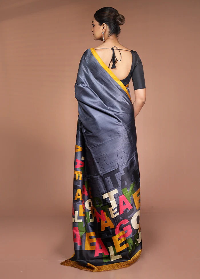 Grey Printed Pure Silk Saree Without Blouse Piece - Image 3