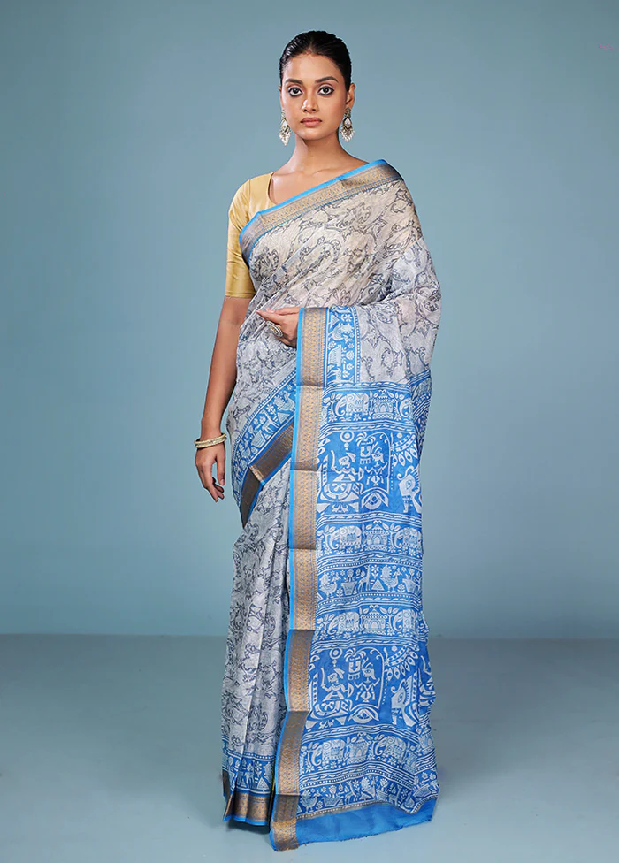 Grey Printed Pure Silk Saree Without Blouse Piece - Image 2