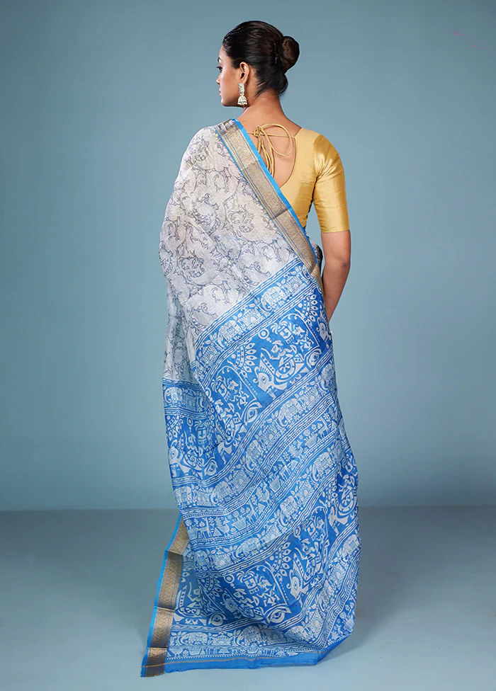 Grey Printed Silk Saree Without Blouse Piece - Image 3