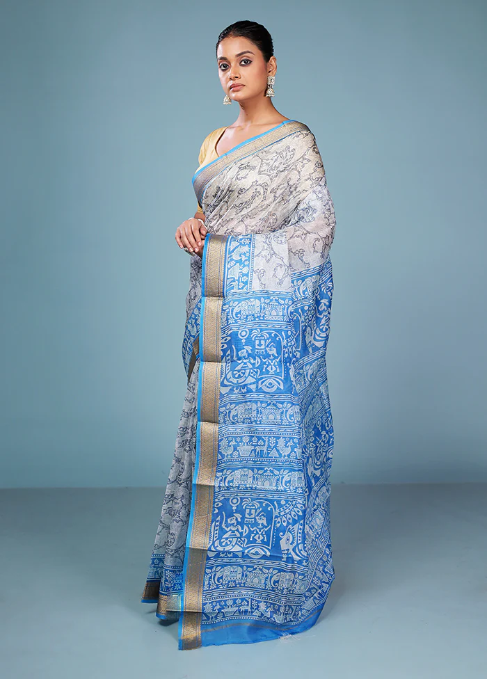 Grey Printed Silk Saree Without Blouse Piece - Image 4