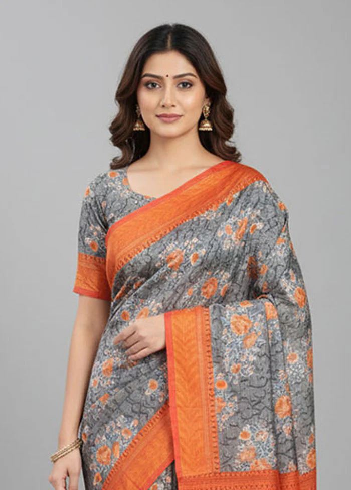 Grey Printed Silk Saree Without Blouse Piece - Image 2