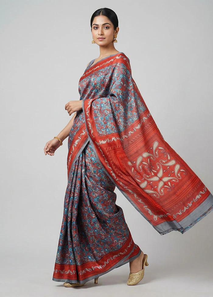Grey Printed Silk Saree Without Blouse Piece
