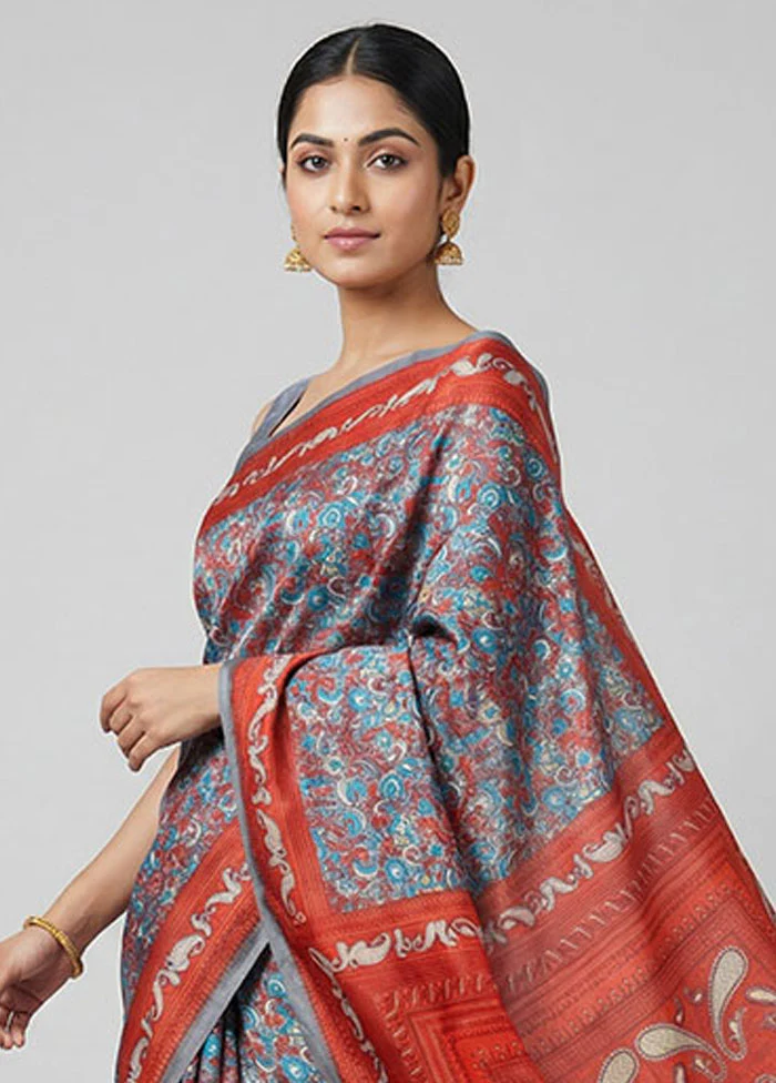 Grey Printed Silk Saree Without Blouse Piece - Image 2