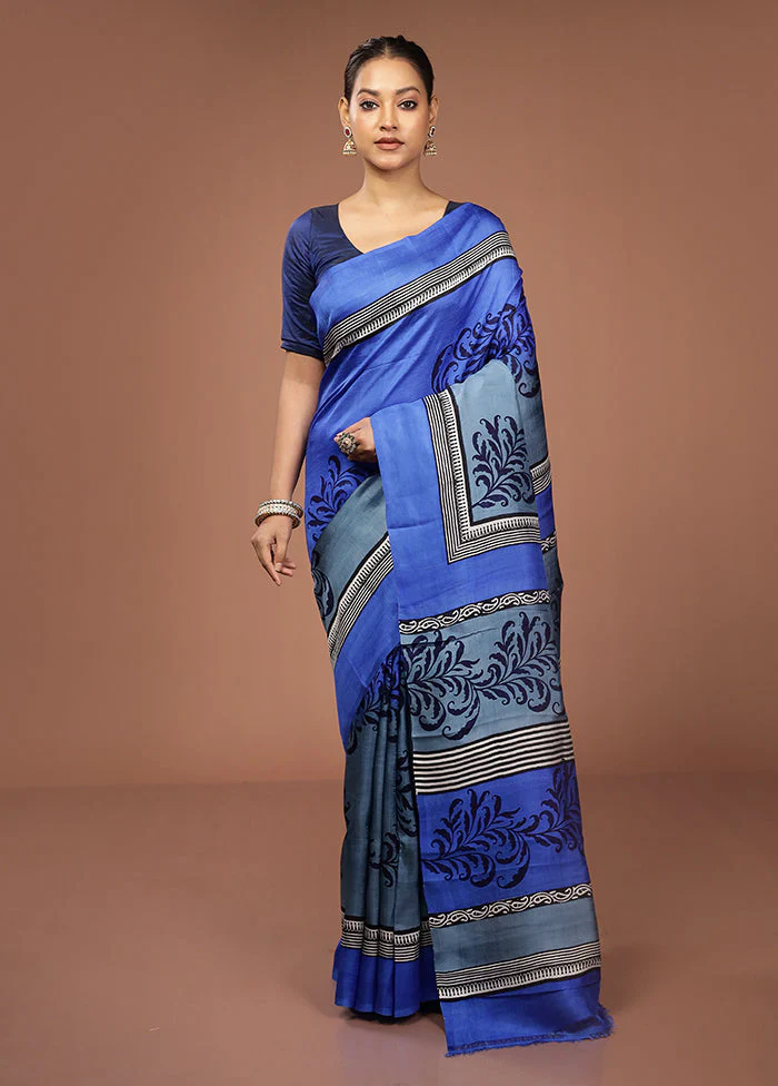 Blue Printed Silk Saree Without Blouse Piece - Image 2
