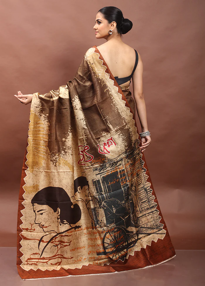 Grey Printed Pure Silk Saree Without Blouse Piece - Image 3