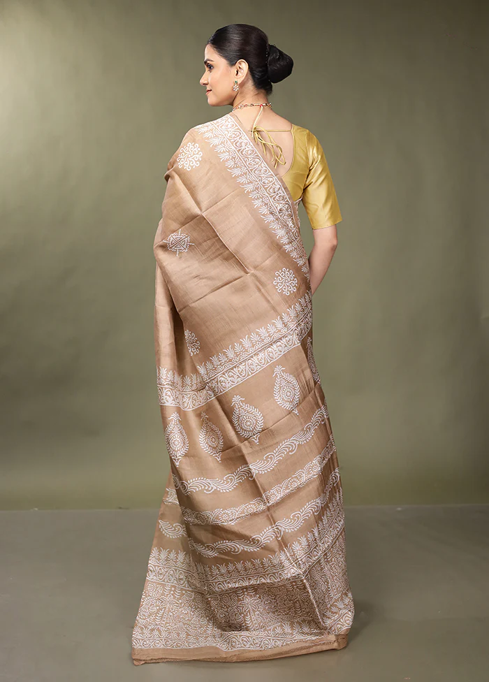 Grey Printed Pure Silk Saree Without Blouse Piece - Image 3