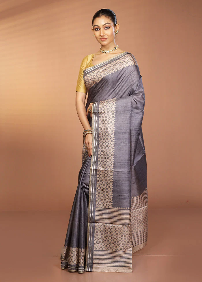 Grey Printed Pure Silk Saree Without Blouse Piece - Image 4