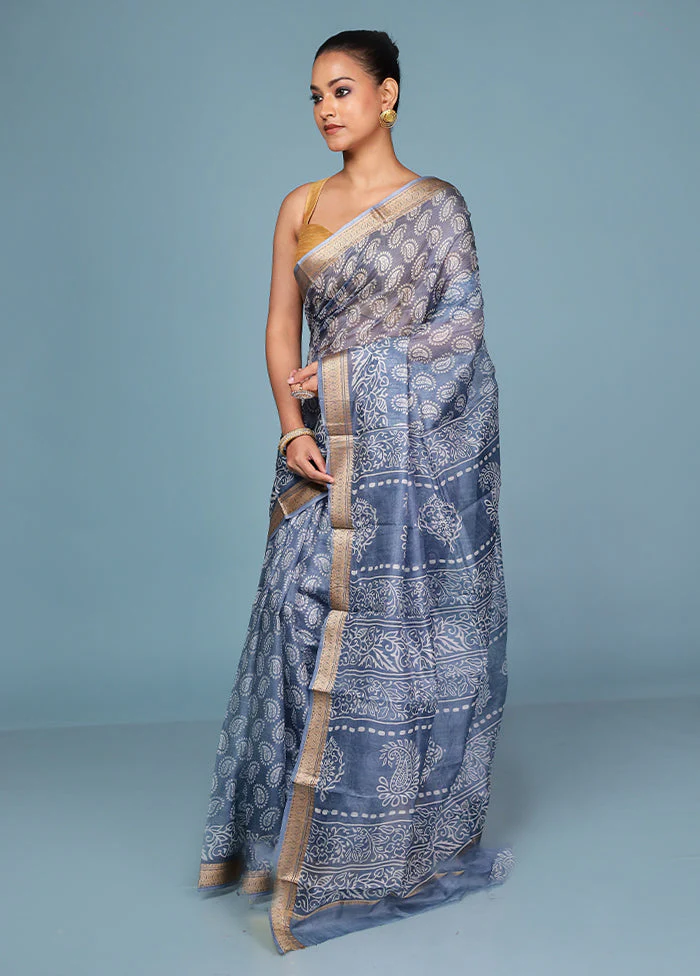 Grey Printed Pure Silk Saree Without Blouse Piece - Image 4