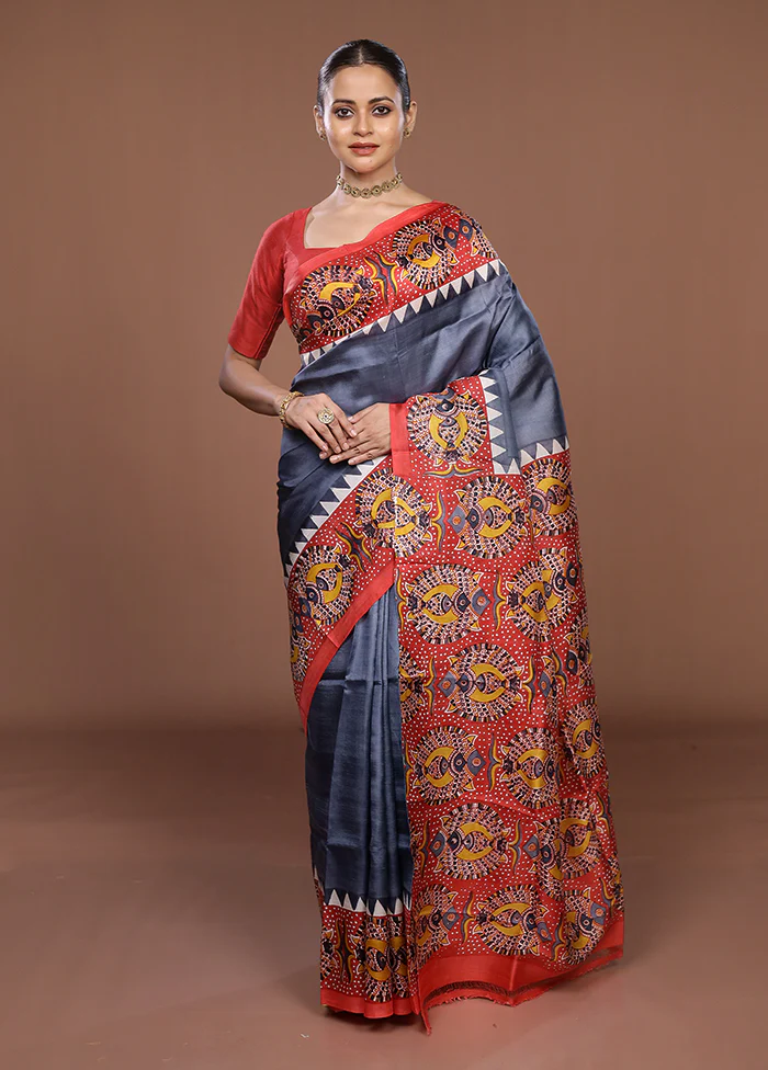 Grey Printed Silk Saree Without Blouse Piece - Image 2