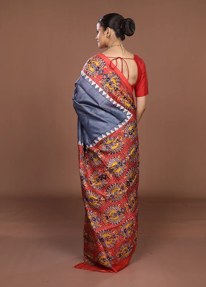 Grey Printed Silk Saree Without Blouse Piece - Image 3