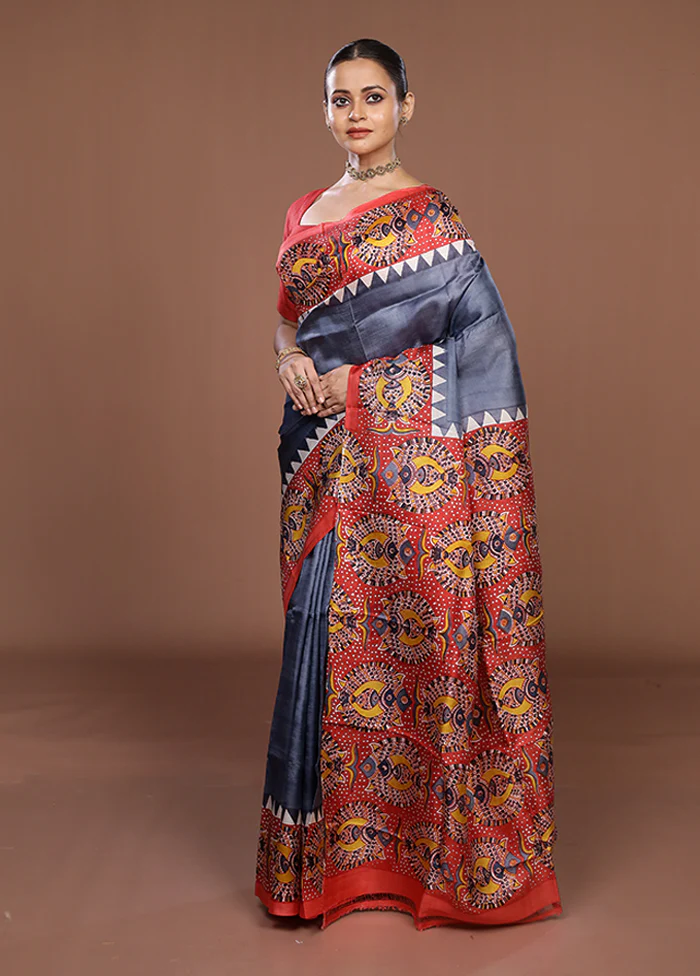 Grey Printed Silk Saree Without Blouse Piece - Image 4
