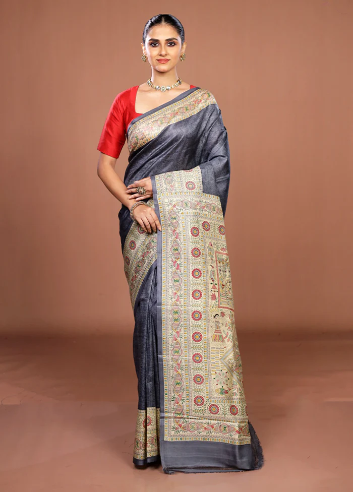 Grey Printed Silk Saree Without Blouse Piece - Image 2
