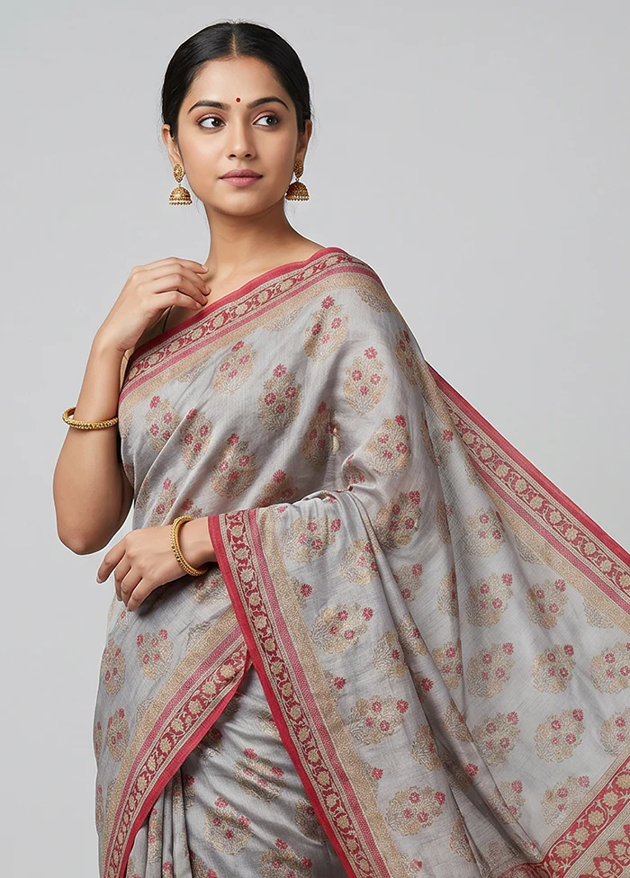 Grey Printed Silk Saree Without Blouse Piece - Image 2