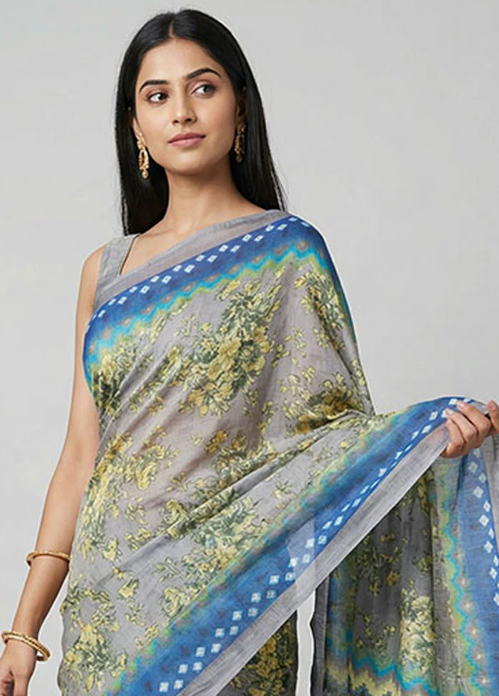 Grey Printed Silk Saree Without Blouse Piece - Image 2