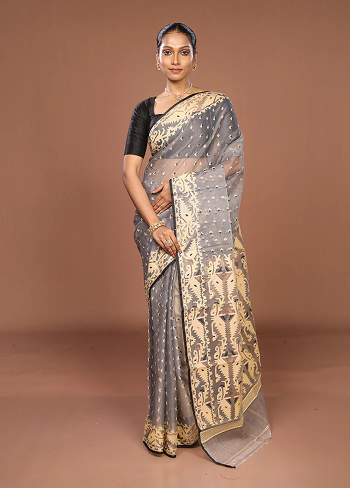 Grey Pure Cotton Jamdani Saree Without Blouse Piece - Image 2