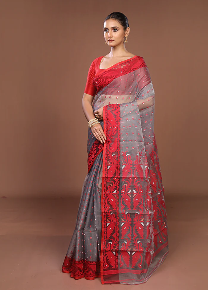 Grey Pure Cotton Jamdani Saree Without Blouse Piece - Image 4
