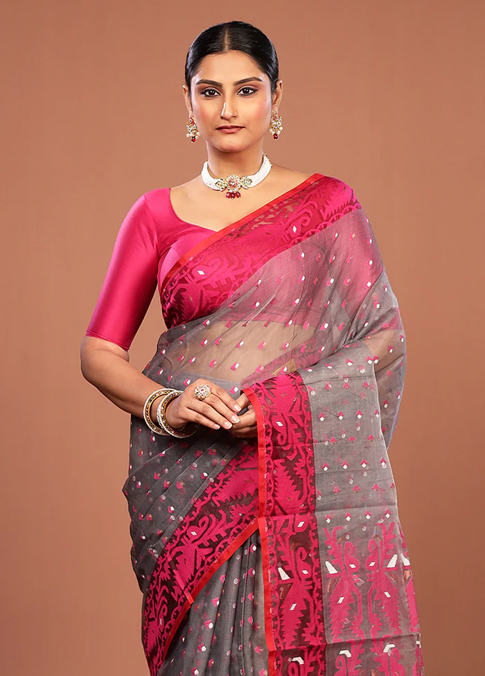 Grey Pure Cotton Jamdani Saree Without Blouse Piece