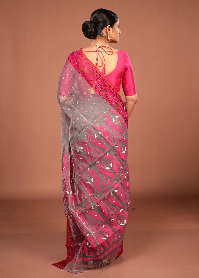 Grey Pure Cotton Jamdani Saree Without Blouse Piece - Image 3