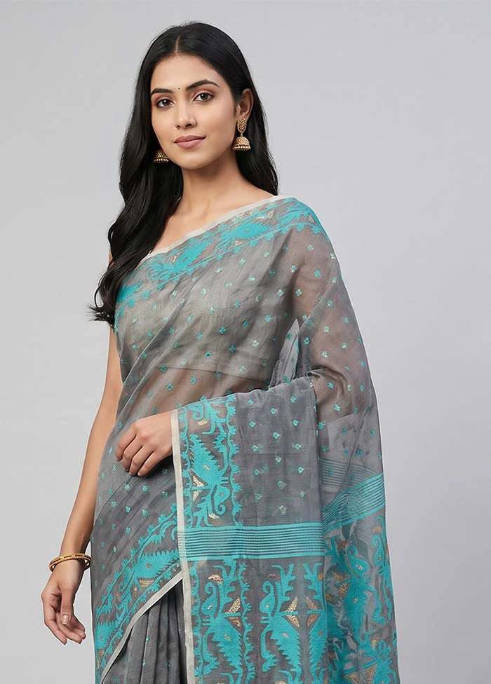 Grey Pure Cotton Jamdani Saree Without Blouse Piece - Image 2