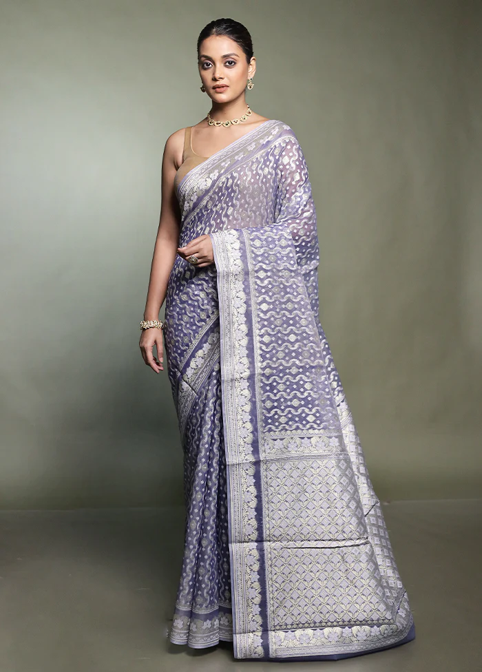 Grey Pure Cotton Saree With Blouse Piece - Image 2