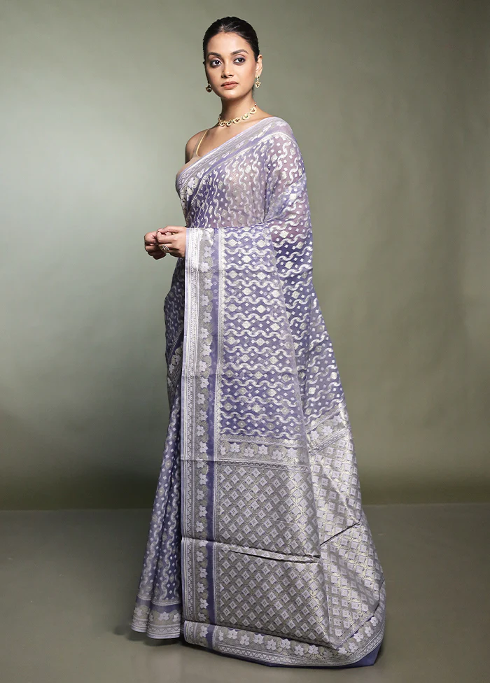 Grey Pure Cotton Saree With Blouse Piece - Image 4