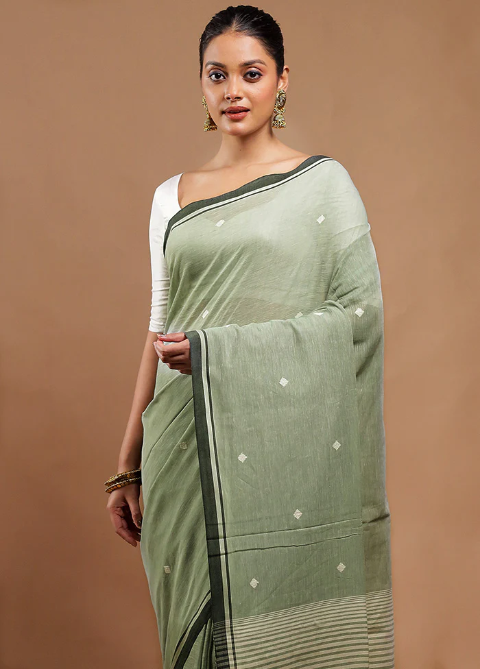 Grey Pure Cotton Saree With Blouse Piece - Image 2