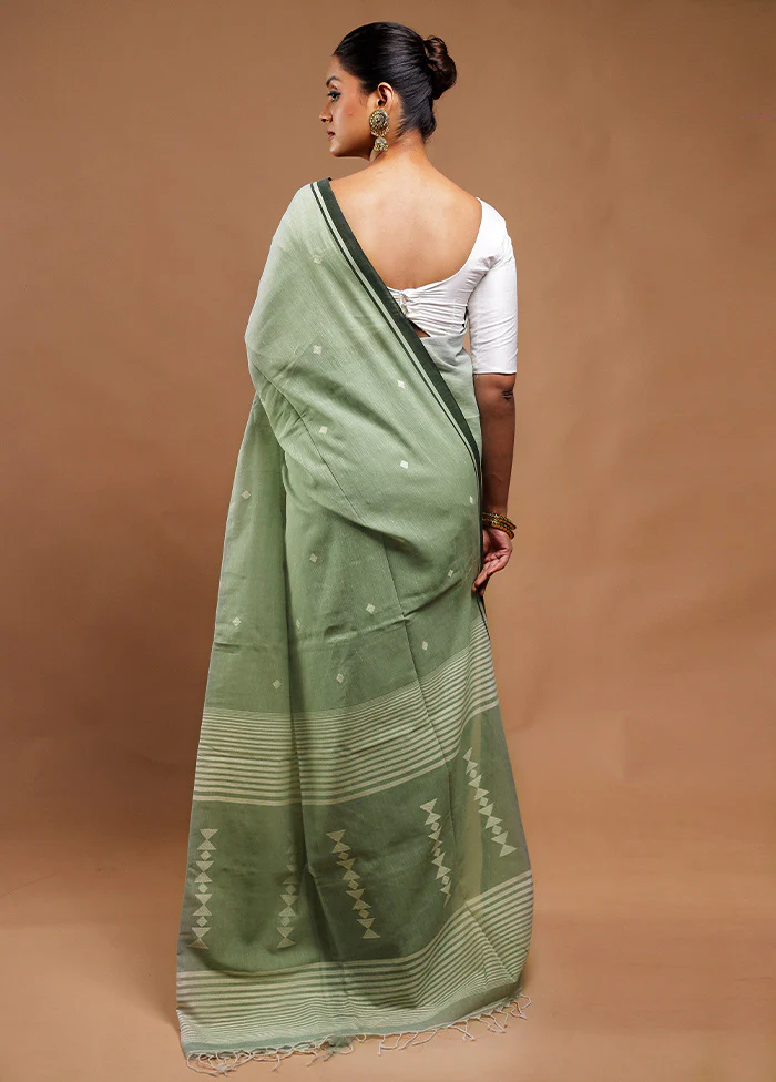 Grey Pure Cotton Saree With Blouse Piece - Image 3
