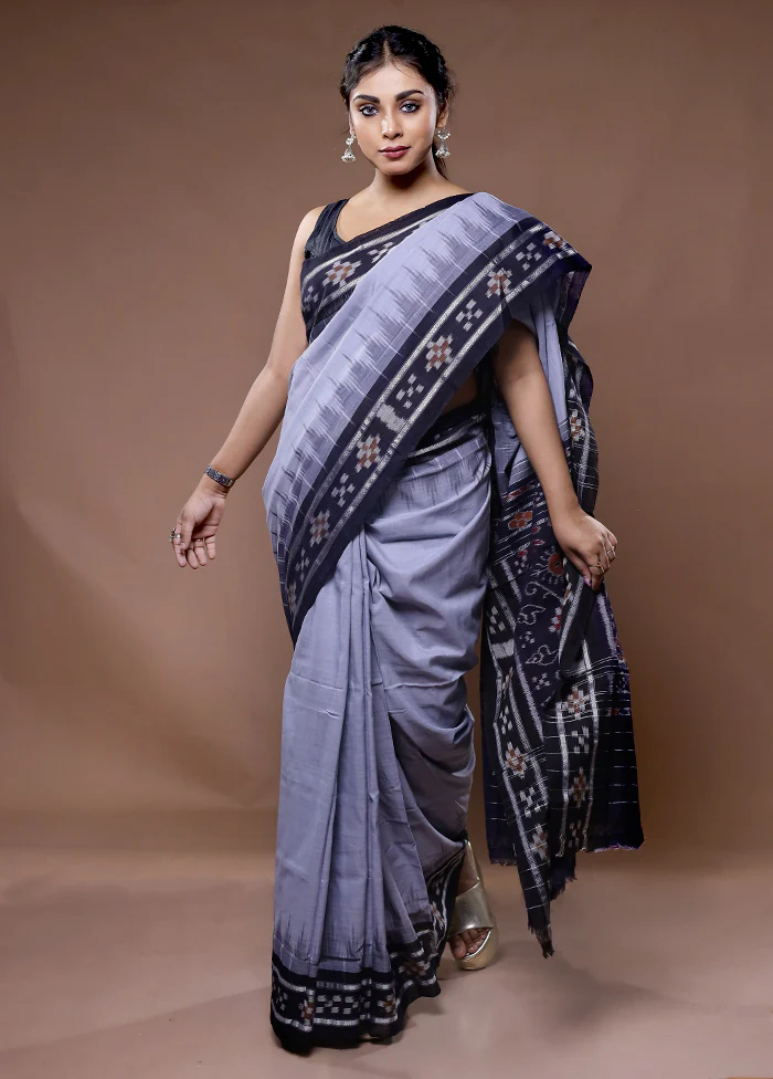 Grey Pure Cotton Saree With Blouse Piece - Image 3