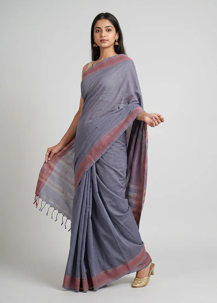 Grey Pure Cotton Saree With Blouse Piece