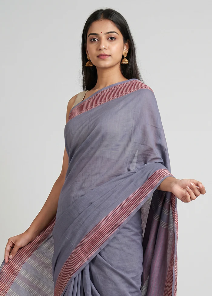 Grey Pure Cotton Saree With Blouse Piece - Image 2