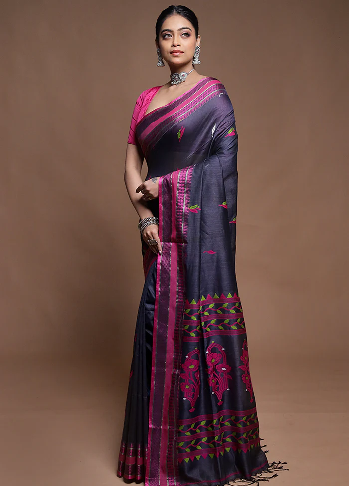 Grey Pure Cotton Saree With Blouse Piece - Image 4