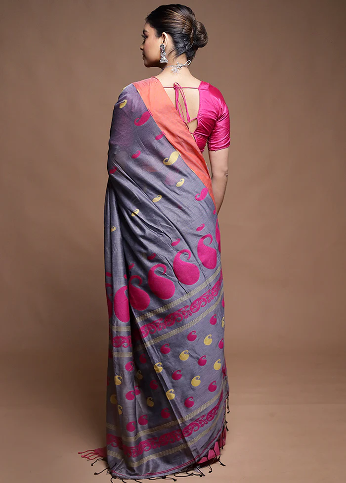 Grey Pure Cotton Saree With Blouse Piece - Image 3