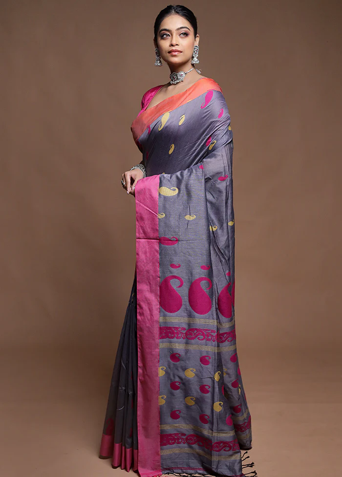 Grey Pure Cotton Saree With Blouse Piece - Image 4