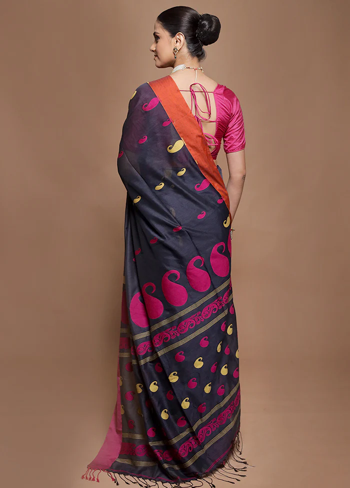 Blue Pure Cotton Saree With Blouse Piece - Image 3