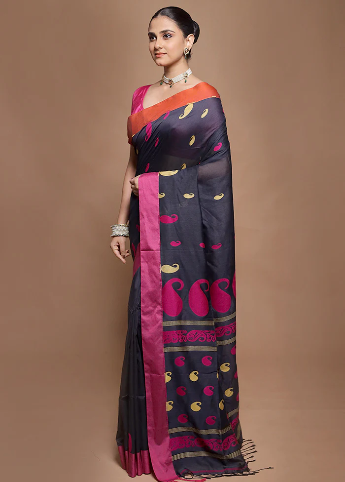 Blue Pure Cotton Saree With Blouse Piece - Image 4
