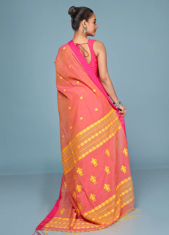 Peach Pure Cotton Saree With Blouse Piece - Image 3