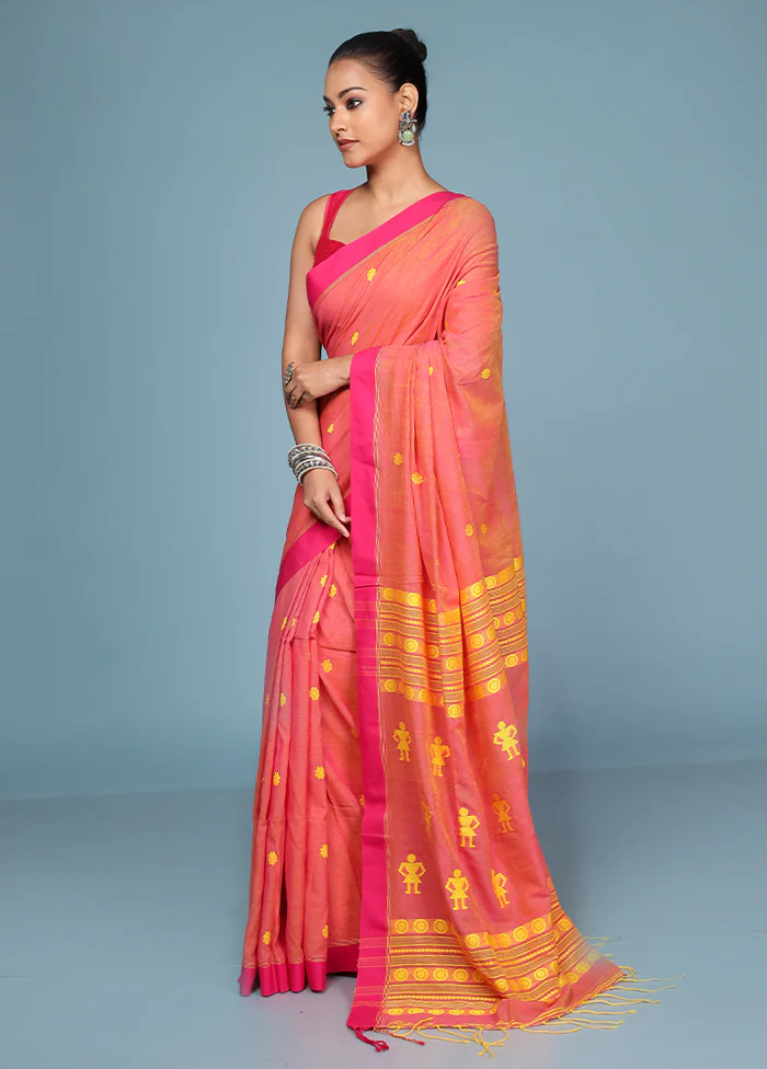 Peach Pure Cotton Saree With Blouse Piece - Image 4
