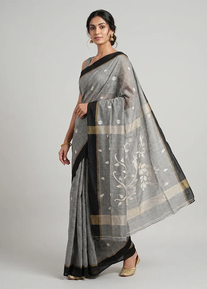 Grey Pure Cotton Saree With Blouse Piece