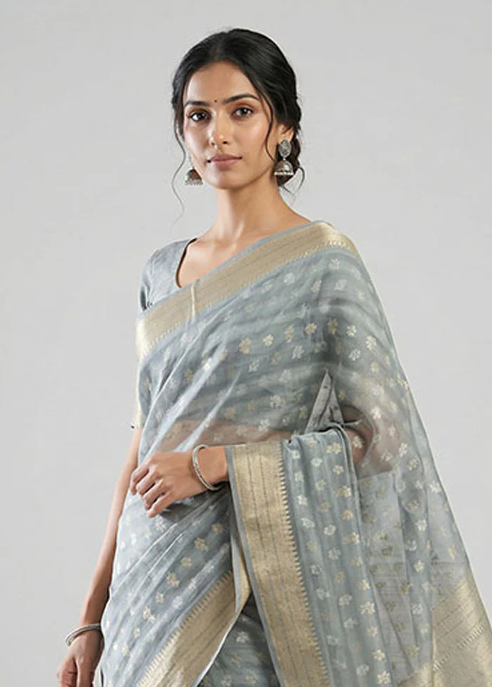 Grey Pure Cotton Saree With Blouse Piece - Image 2