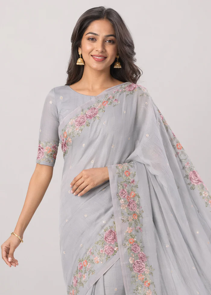 Grey Pure Cotton Saree With Blouse Piece - Image 2