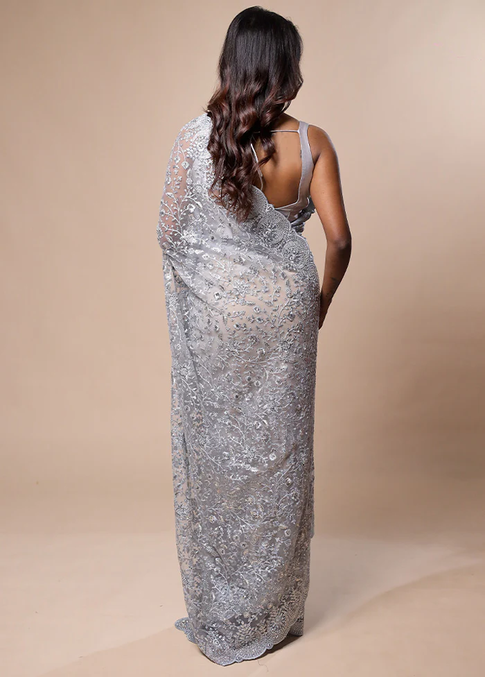 Grey Pure Handloom Silk Saree With Blouse Piece - Image 3