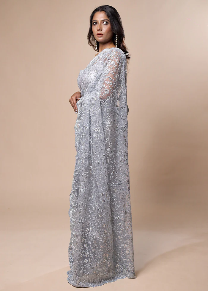 Grey Pure Handloom Silk Saree With Blouse Piece - Image 4