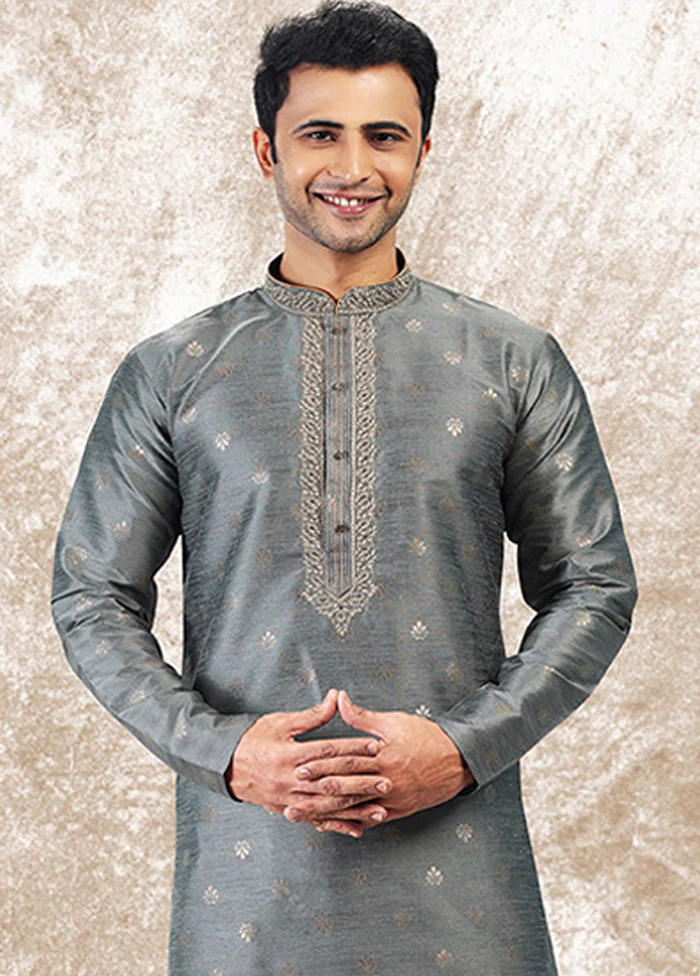 Grey Silk Kurta & Pajama Set - Image 2