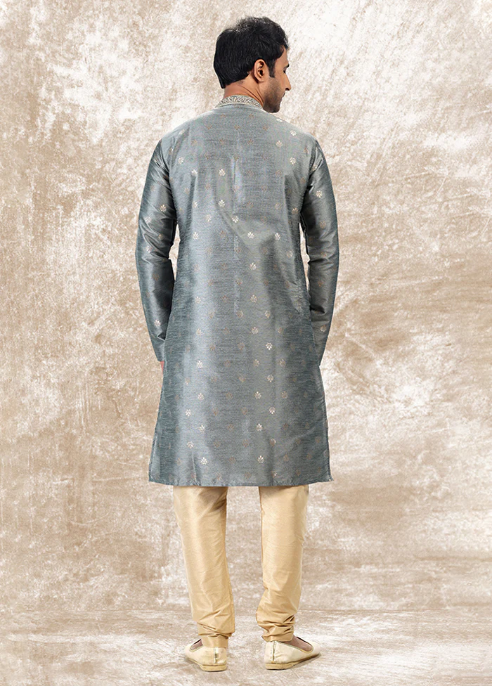 Grey Silk Kurta & Pajama Set - Image 3