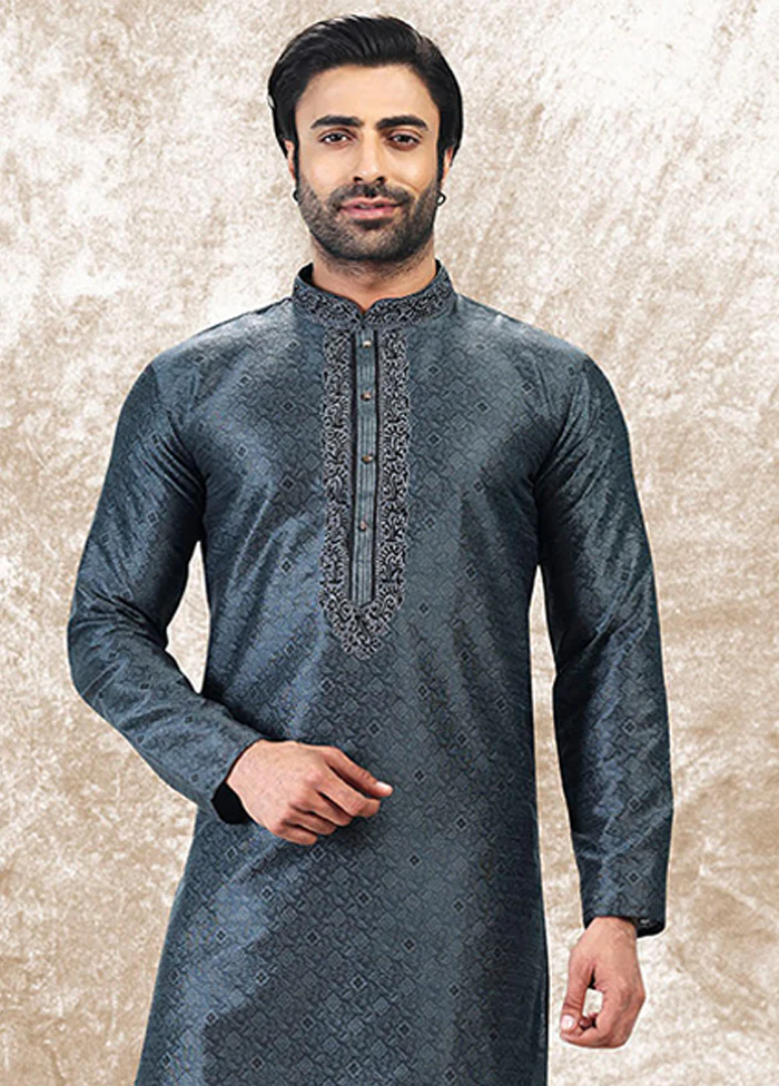 Grey Silk Kurta & Pajama Set - Image 2